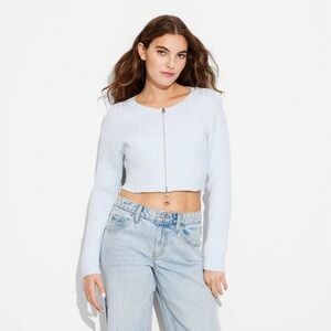 Wild Fable Women Light Blue Ribbed Cropped Zipper Sweater Size XS
